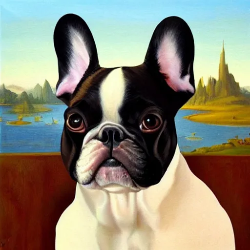 Image similar to french bulldog painting in the style of mona lisa