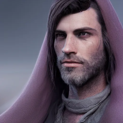 Prompt: a highly detailed portrait of a man with purple eyes, light gray long hair, beardless, no beard, wearing a black cloak, artstation, DeviantArt, professional, octane render