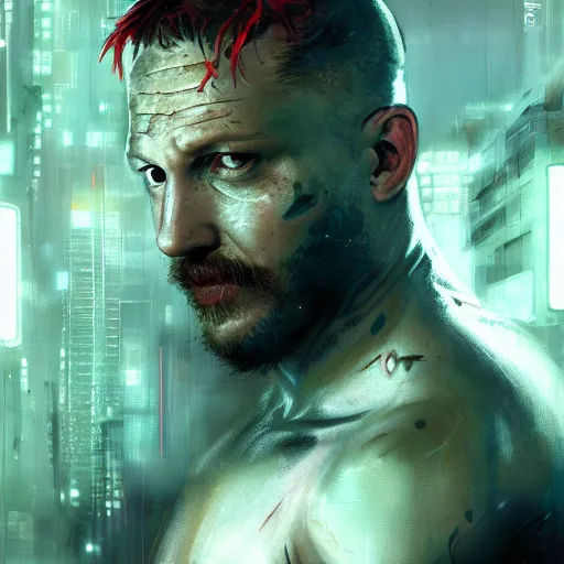 Prompt: tom hardy, cyborg, hacker, cyberpunk, neuromancer, wintermute, system shock 2, ghost in the shell, painted by seb mckinnon, high detail, dramatic light, digital art, painted by greg rutkowski, promotional movie posterart, trending on artstation