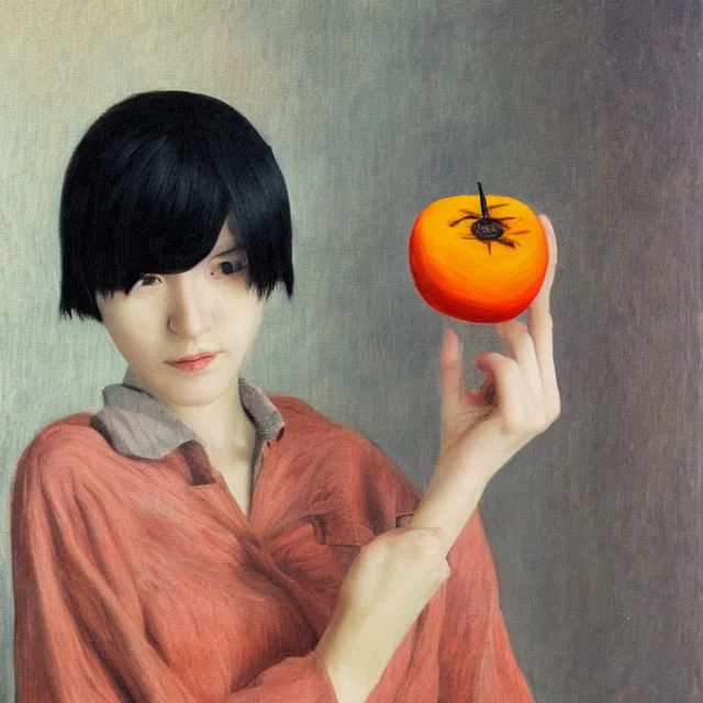 Prompt: tall emo girl artist holding small portraits and a persimmon, on shinkansen in tokyo, shinagawa station, pigs, octopus, acrylic on canvas, surrealist, by magritte and monet