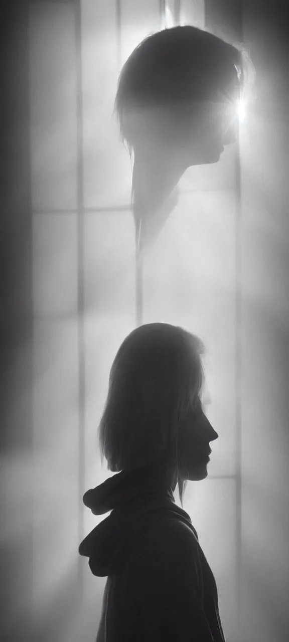 Prompt: very very beautiful photograph of emily skinner looking like annie leonhart in a hoodie standing next to a window god rays shining on her from the sunlight, volumetric fog, smoke, depth of field, beautiful composition, very very very beautifull!! face, on artstation and instagram