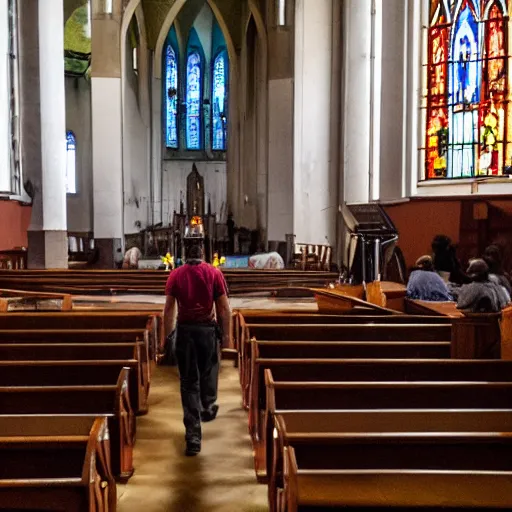 Prompt: the predator at the pulpit of a large church service