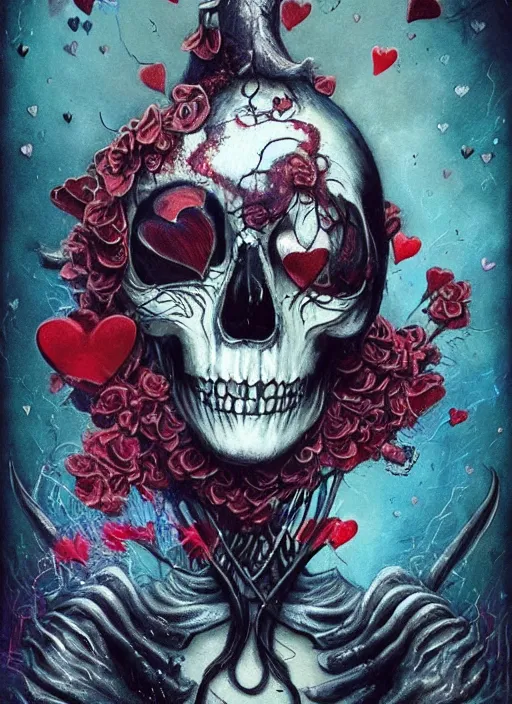 Image similar to the knave of hearts, death tarot card, highly detailed, half skull face, cinematic, 8 k, by megan duncanson, benjamin lacombe, adrian borda, stanley artgermm, tom bagshaw, craig mullins, carne griffiths, ayami kojima, beksinski, giger, trending on deviantart, hyper detailed, horror, full of colour