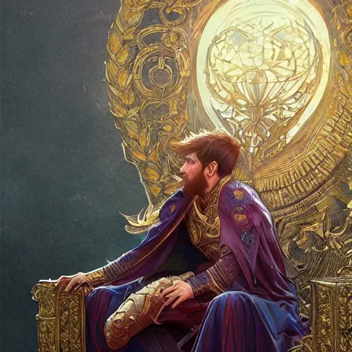 Prompt: Messi sitting on a majestic throne, closeup, D&D style, fantasy, intricate, elegant, highly detailed, digital painting, artstation, concept art, matte, sharp focus, illustration, art by Artgerm and Greg Rutkowski and Alphonse Mucha