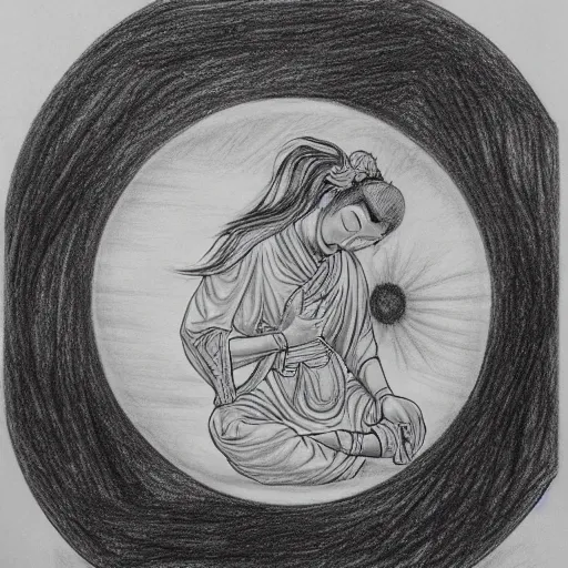 Image similar to a drawing of a woman giving birth to emercging yin - yang daoist symbol, black and white detailed pencil drawing dao