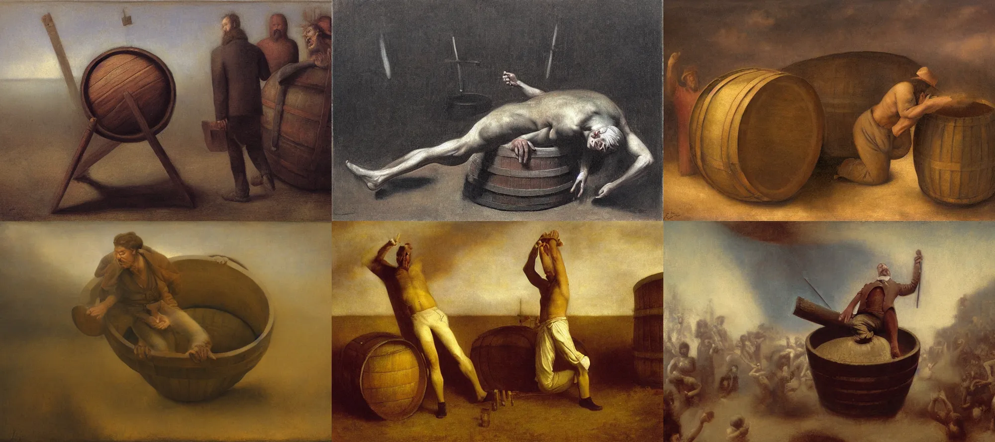 Prompt: a painting of a man being nailed to a barrel, a surrealist painting by Odd Nerdrum, featured on deviantart, pre-raphaelitism, 1820
