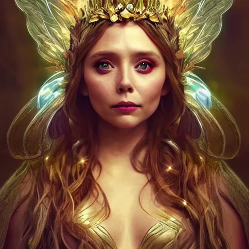 Prompt: elizabeth olsen as the goddess of fairies!!!!!!, golden ratio!!!!!, centered, trending on artstation, 8 k quality, cgsociety contest winner, artstation hd, artstation hq, luminous lighting