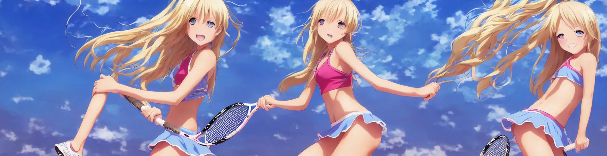 Image similar to a very beautiful young anime tennis girl, full body, long wavy blond hair, sky blue eyes, ( ( ( full round face ) ) ), short smile, bikini, miniskirt, front view, mid - shot, highly detailed, cinematic wallpaper by stanley artgerm lau