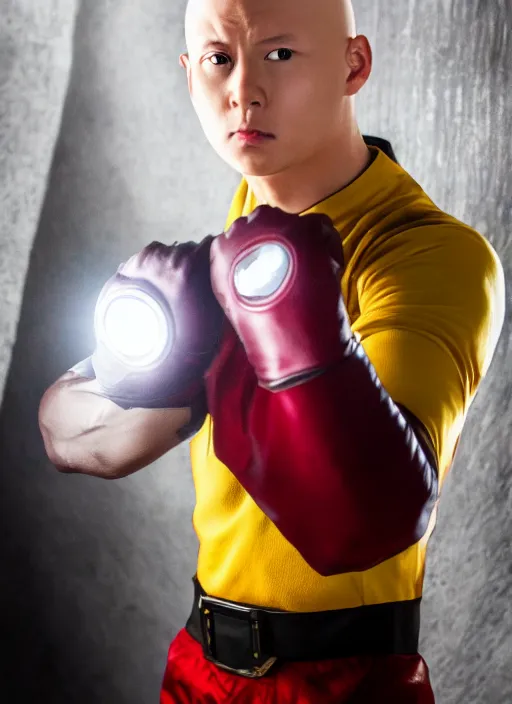 Image similar to A full portrait photo of real-life saitama one punch man, f/22, 35mm, 2700K, lighting, perfect faces, award winning photography.