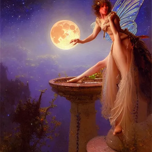 Image similar to attractive fairy magically floating high in the night, fantasy, full moon in background. highly detailed painting by gaston bussiere, craig mullins, j. c. leyendecker, sharp focus, 8 k