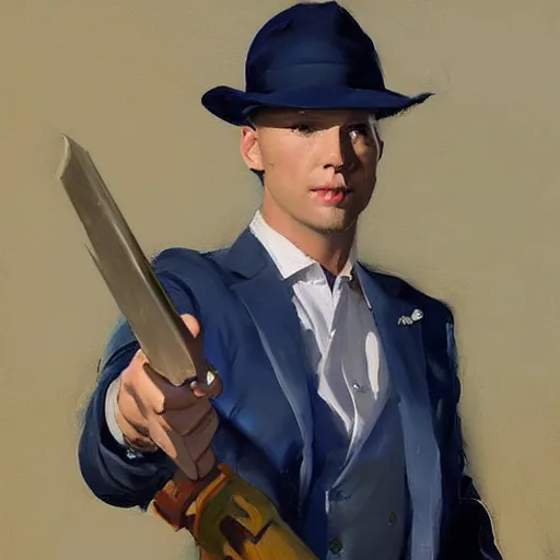 Image similar to greg manchess portrait painting of a blond man in a blue suit with a sword and a pistol, asymmetrical, profile picture, organic painting, sunny day, matte painting, bold shapes, hard edges, street art, trending on artstation, by huang guangjian, gil elvgren, ruan jia, randy vargas, greg rutkowski