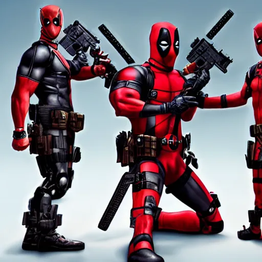 Image similar to deadpool family photo with the robot deadpool twins and cable from the comics is there and he has a huge futuristic gun, photography, 4K 3D render, HD Wallpaper, digital art