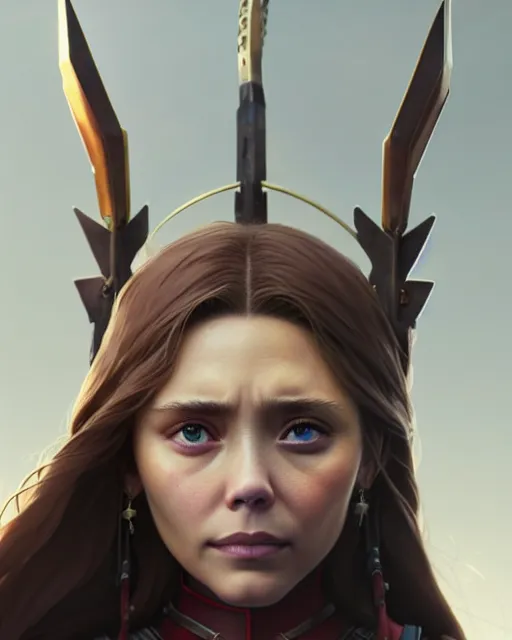 Prompt: azctec warrior, elizabeth olsen, detailed perfect face, exquisite details, fire magic, mid view, design on a white background, by studio muti, greg rutkowski makoto shinkai takashi takeuchi studio ghibli