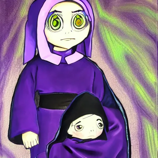 Prompt: little boy wearing nun outfit. purple and black color palate, detailed soft painting, made in abyss art style, inspired in hirohiko araki, anatomically correct