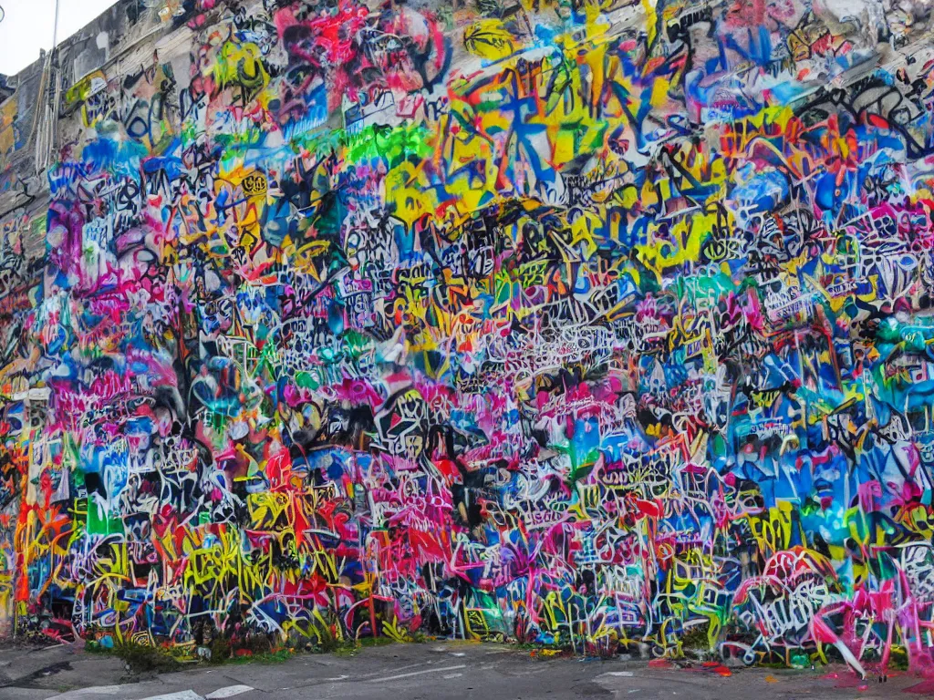 Image similar to photo of black cathedral covered in colorful graffiti