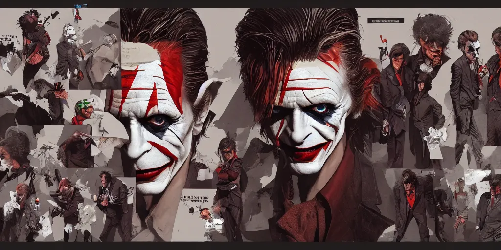 Image similar to david bowie as the joker, character sheet, concept design, contrast, kim jung gi, greg rutkowski, zabrocki, karlkka, jayison devadas, trending on artstation, 8 k, ultra wide angle, pincushion lens effect