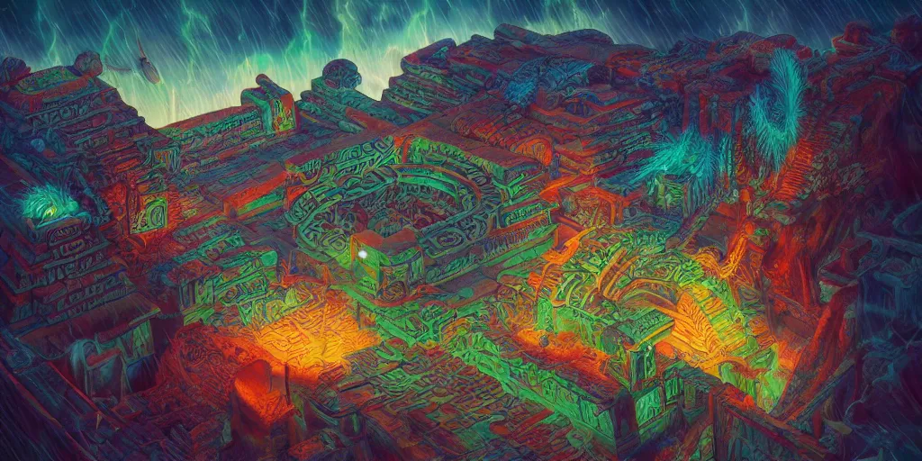 Prompt: Quetzalcoatl  the feathered serpent deity hovering above a giant mayan temple by Liam Wong and Boris Vallejo, stone carving, colorful, octane render, highly detailed, realistic, cinematic lightning, medium shot, mid-shot, highly detailed, trending on artstation, Unreal Engine 4k