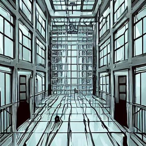 Image similar to a flood of slime in a bright white hallway with many doors and many stairs, Mc Escher architecture, epic composition, by Makoto Shinkai