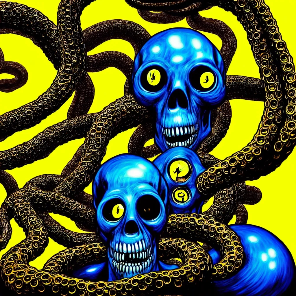 Image similar to a self portrait by the artist kelbv, in distinct hyper detailed style with tubes coming from eyes, and hollowed skull filled with blue and yellow accountancy ellipsoids, perfect studio lighting against a backdrop of a still from the movie fire tentacle.