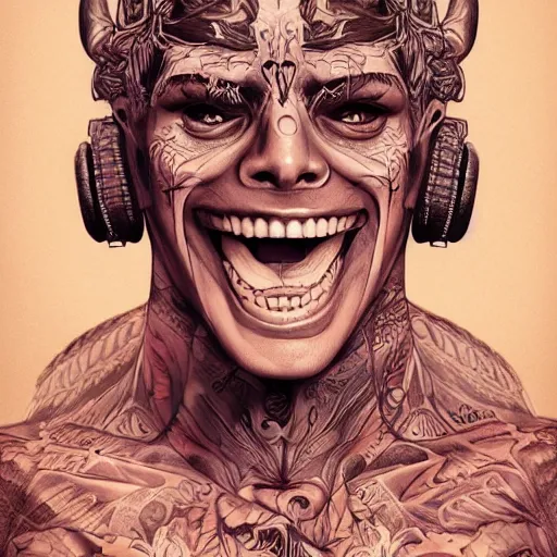 Image similar to tatted man laugh hard. matte, symmetrical anatomy, hyperdetailed, digital art, baroque, pop punk art style, fantasy, full body pictures, without duplication, art by artgerm and ilya kuvshinov and vinicius gud and gustavo zambelli, intricate, octane render.