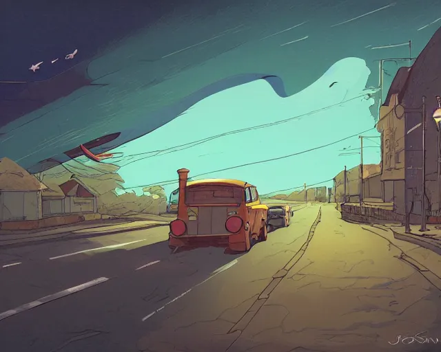 Image similar to a study of cell shaded cartoon of a flying blue whale on a country road, street lamps, road, illustration, wide shot, subtle colors, post grunge, concept art by josan gonzales and wlop, by james jean, Victo ngai, David Rubín, Mike Mignola, Laurie Greasley, highly detailed, sharp focus, alien, Trending on Artstation, HQ, deviantart, art by artgem