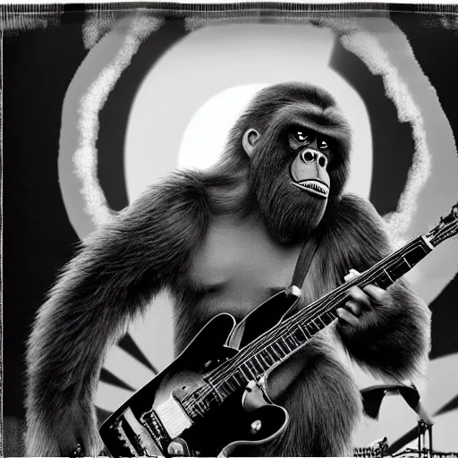 Prompt: King Kong performs with Arctic Monkeys on stage, 4k, music festival, epic, photo