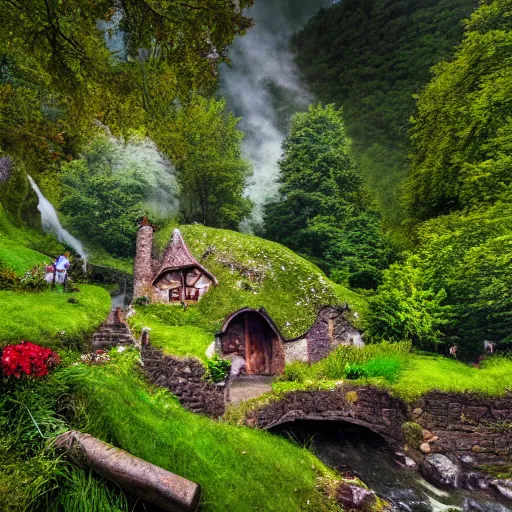 Prompt: festival at medieval hobbit village, ornate, beautiful, atmosphere, vibe, mist, smoke, fire, chimney, rain, wet, pristine, puddles, waterfall, melting, dripping, snow, creek, lush, ice, bridge, stew, loaves, green, stained glass, forest, roses, flowers, color page, 4 k, contest winner