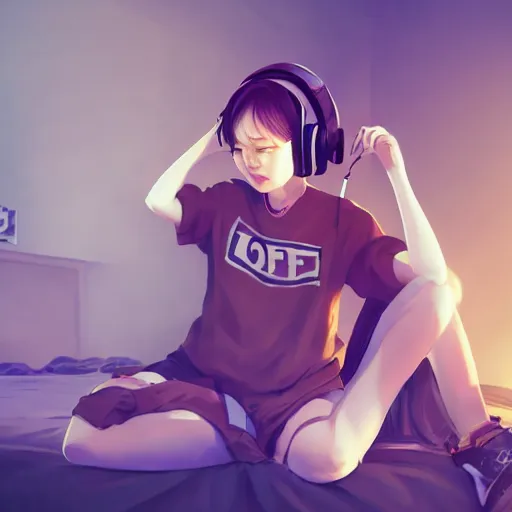 Prompt: lofi hiphop girl sitting in her room with headphones on by Wenqing Yan, WLOP, Zumidraws, OlchaS Logan cure liang Xing