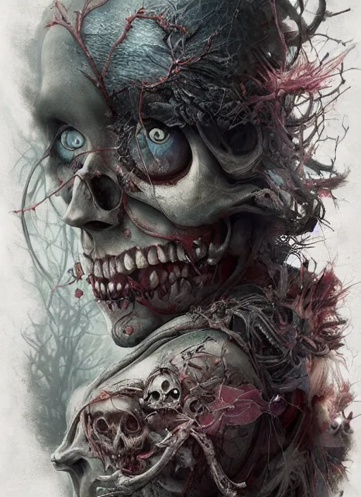 Image similar to Alice in Wonderland,highly detailed,half skull face,cinematic,8k,by Stanley Artgermm,Tom Bagshaw,Greg Rutkowski,Carne Griffiths, Ayami Kojima, Beksinski, Giger,trending on DeviantArt,hyper detailed,horror, full of colour