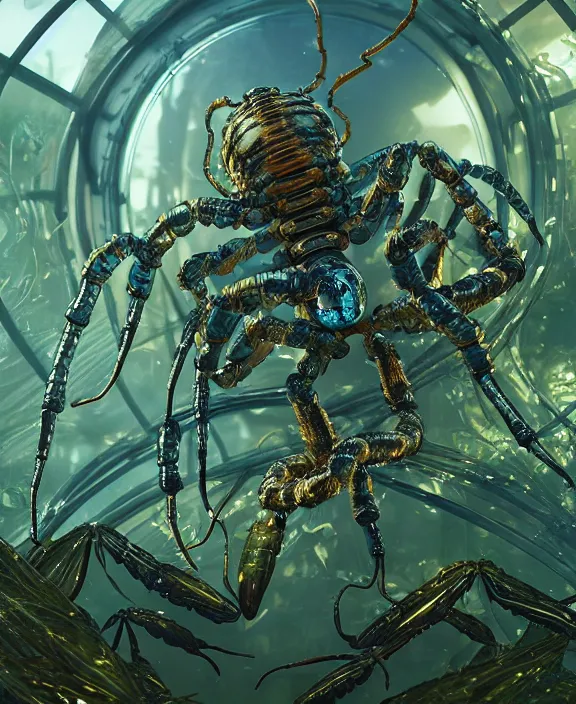 Image similar to opulent transparent clear see - through portrait of a terrifying beautiful male alien scorpion computer cyborg, mottled coloring, adorable, childlike, overgrown biopunk jungle environment, ultra realistic, concept art, art nouveau, photorealistic, octane render, 8 k, unreal engine. art by christopher marley and artgerm and greg rutkowski and alphonse mucha