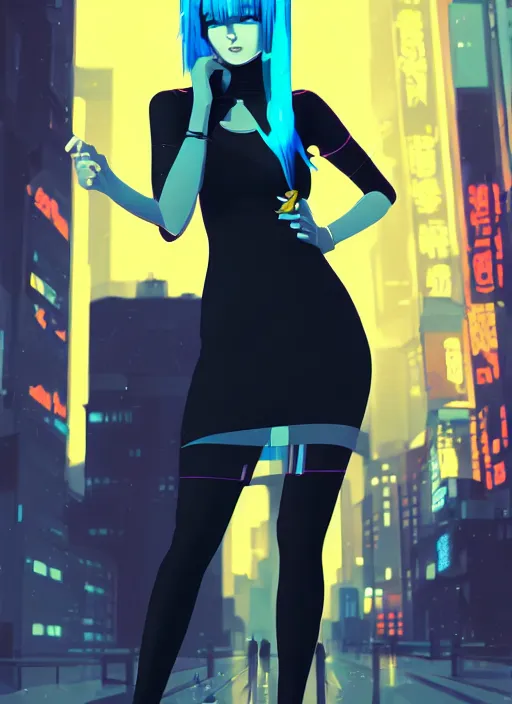 Prompt: digital illustration of cyberpunk pretty girl with blue hair, wearing a tight black dress, in city street at night, by makoto shinkai, ilya kuvshinov, lois van baarle, rossdraws, basquiat