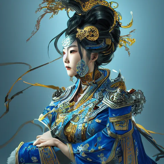 Image similar to ancient chinese princess with steampunk mask, dynasty warriors, divine, unreal engine, 8 k, blue color scheme, headshot, highly detailed, smooth, ink painting, artstation, concept art, in style of yoji shinkawa, pan ren wei, col price, atey ghailan, by greg rutkowski, aesthetic