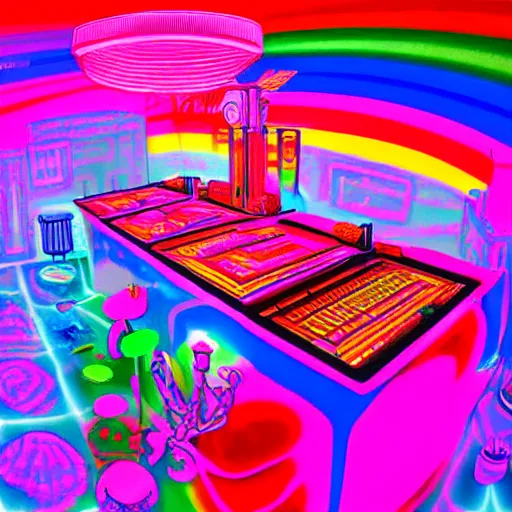 Image similar to 3D Dr. Suess environment in a blacklight laboratory with a scientist experimenting with box TVs and rainbows. beautiful lighting. highly detailed digital art. trending on Behance.