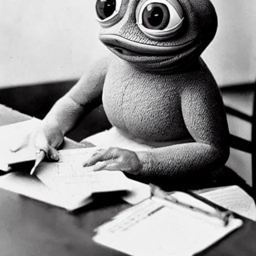 Image similar to pepe the frog doing taxes, realistic old photograph