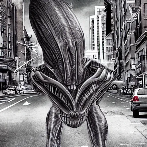 Image similar to alien monster on a city street, realistic