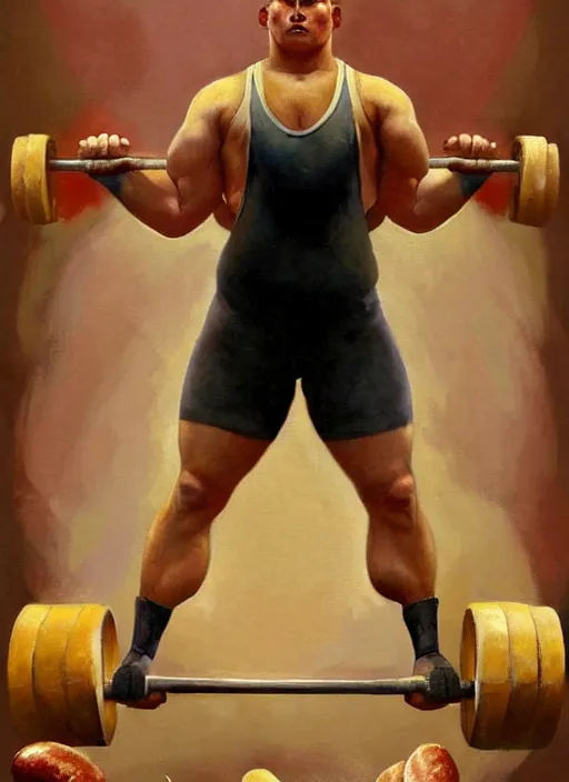 Prompt: an 1 9 2 0 s olympic weight - lifter attempting to deadlift a gigantic hot dog instead of a barbell, stunning painting, elegant intricate digital painting artstation concept art by mark brooks and brad kunkle and norman rockwell, extreme detailed