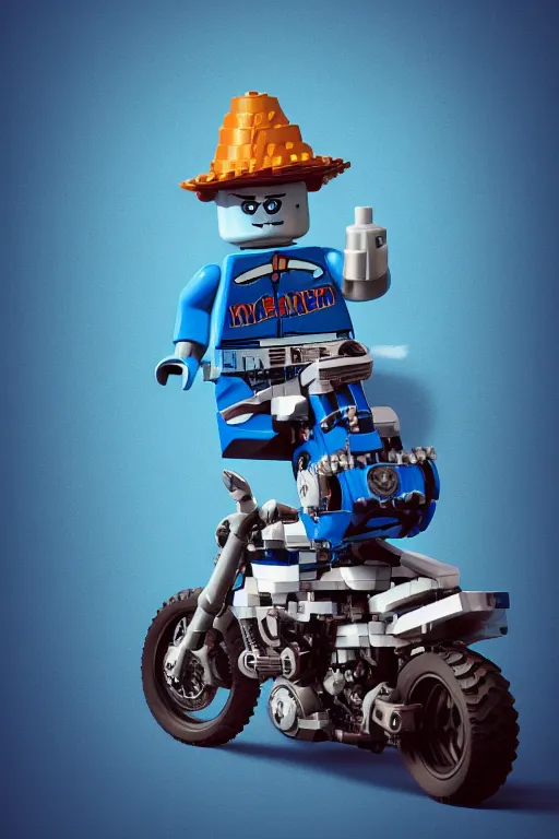 Image similar to a lego minifigure wearing a blue jean and blue t - shirt, he also wears a grey beanie, he is riding a ducati panigale, 3 d octane render, artstation, concept art, smooth, sharp focus ilustration hq, octane render, hyperrealistic, aenaluck, artgerm and roberto ferri and greg rutkowski