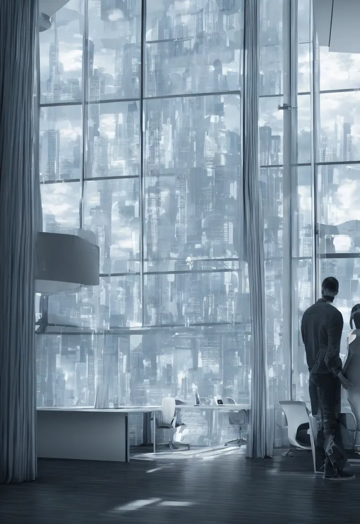 Prompt: sad couple alone looking to the window in a futuristic home office, highly detailed, photo realistic