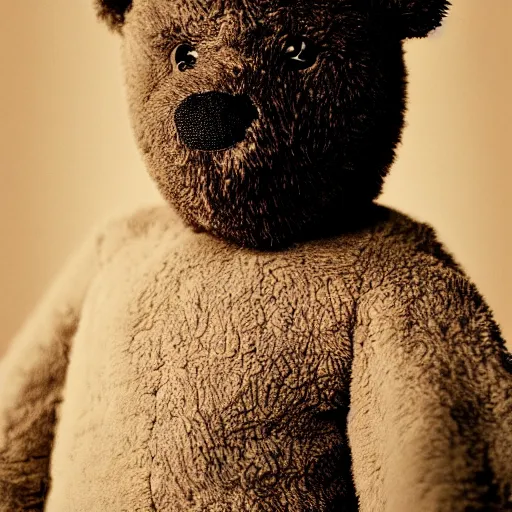 Image similar to Portrait studio photograph of Kanye West as a anthropomorphic teddy bear, close up, shallow depth of field, in the style of Felice Beato, Noir film still, 40mm