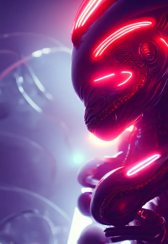 Image similar to ultra realist intricate detailed painting of a single attractive alien male, neon scales and cyborg tech, hyperrealistic, soft lighting, octane render