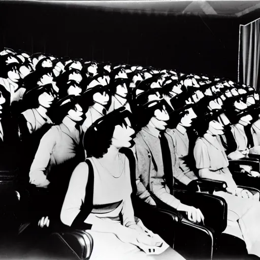 Prompt: cinema audience wearing vr headsets in the 2 0 s
