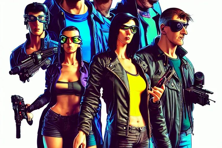 Image similar to cyberpunk heist crew. portrait by stonehouse and mœbius and will eisner and gil elvgren and pixar. character design. realistic proportions. dystopian. cyberpunk 2 0 7 7, apex, blade runner 2 0 4 9 concept art. cel shading. attractive face. thick lines. hi def 4 k. the team. detailed interesting characters. creative