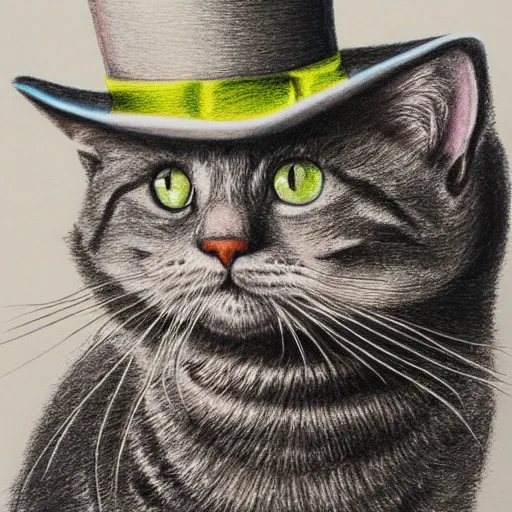 Prompt: portrait of grey tabby cat wearing a top hat next to a black cat wearing a pearl necklace, detailed colored pencil drawing 4 k