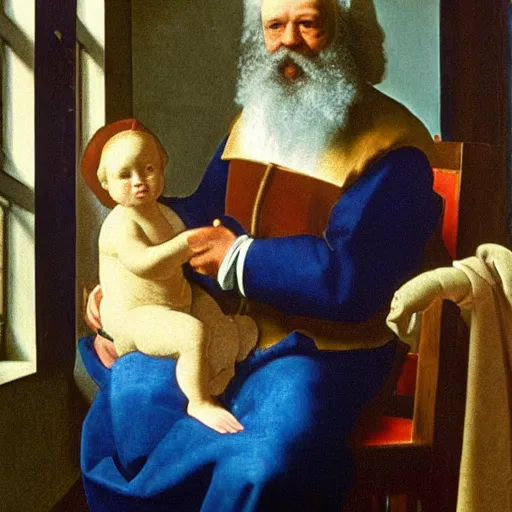 Image similar to Karl Marx as Madonna with child, Renaissance painting, art by Vermeer