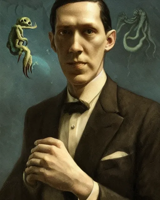 Image similar to portrait of a 1 9 2 0 s h p lovecraft with a miniature cthulhu perched on his shoulder, scholarly appearance, detailed face, 2 0 th century, highly detailed, cinematic lighting, digital art painting by greg rutkowski