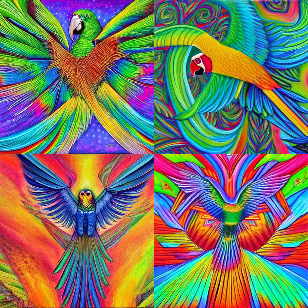 Prompt: a beautiful realistic painting of a parrot spreading its wings and soaring to the sky, symetrical, vibrant colors, ayahuasca, visionary art style