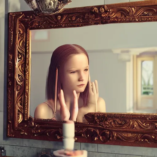 Image similar to an old hag is brushing her hair in front of an ornate mirror, the reflection is of a beautiful young girl, hyper detailed, 4 k octane render