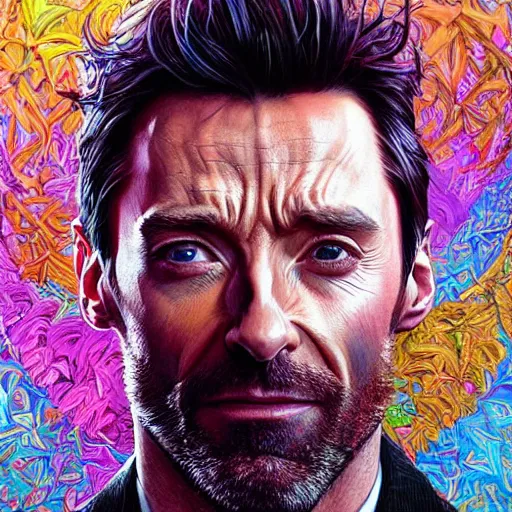 Image similar to portrait of hugh jackman, hyper detailed masterpiece, neon floral pattern, jean giraud, digital art painting, darkwave goth aesthetic, psychedelic, artgerm, donato giancola and tom bagshaw