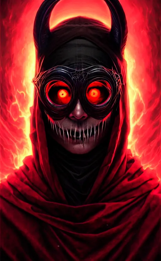 Image similar to a striking portrait of a pitch black masked eldritch shaman with sinister red eyes by moebius and ross tran and artgerm, detailed artwork, realism, 4 k resolution, detailed, high quality, sharp focus, hq artwork, insane detail, volumetric lighting, character concept art, fine details, tarot card, clear subject