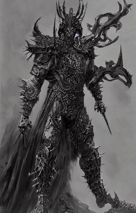 Prompt: hades in hellish ornamented armor, wearing hellish spiky war helm, beksinski, hercules concept art, weta workshop concept art